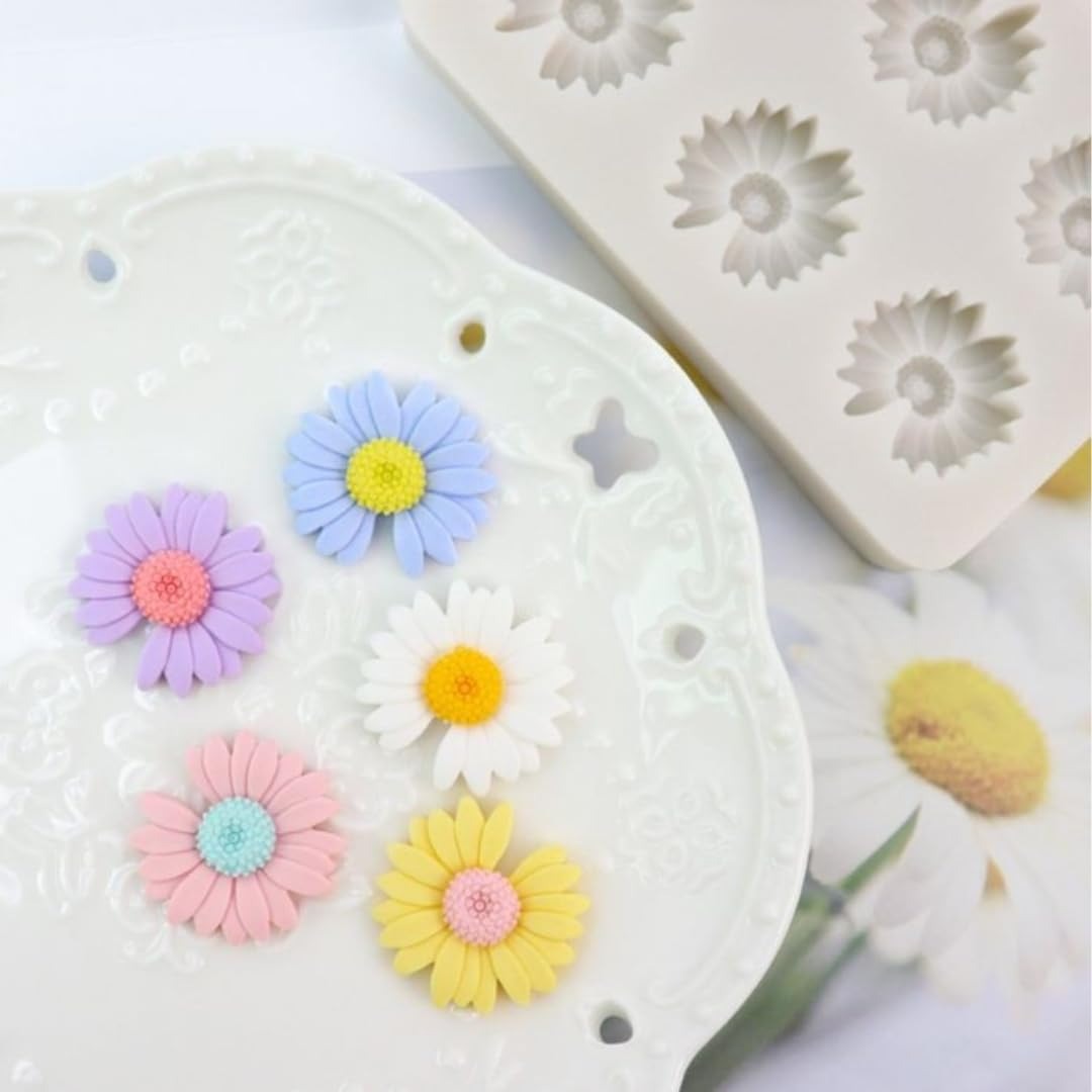 Bloom Creations Daisy Flower Silicone Mold for Cake Decorating, 6-Cavity Fondant Mould for Chocolate, Resin Art, Clay Crafts, Soap Making, DIY Baking Tools, Non-Stick Gerbera Flower Tray