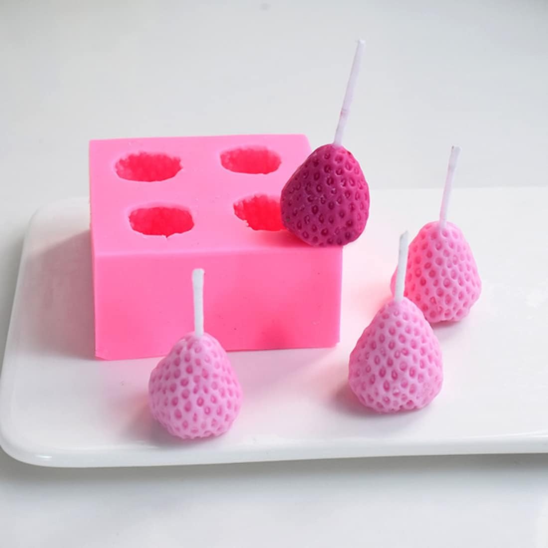 4 Cavity Strawberry Silicone Mold | Realistic Fruit Wax Soap Candle Mold 7x7.3cm