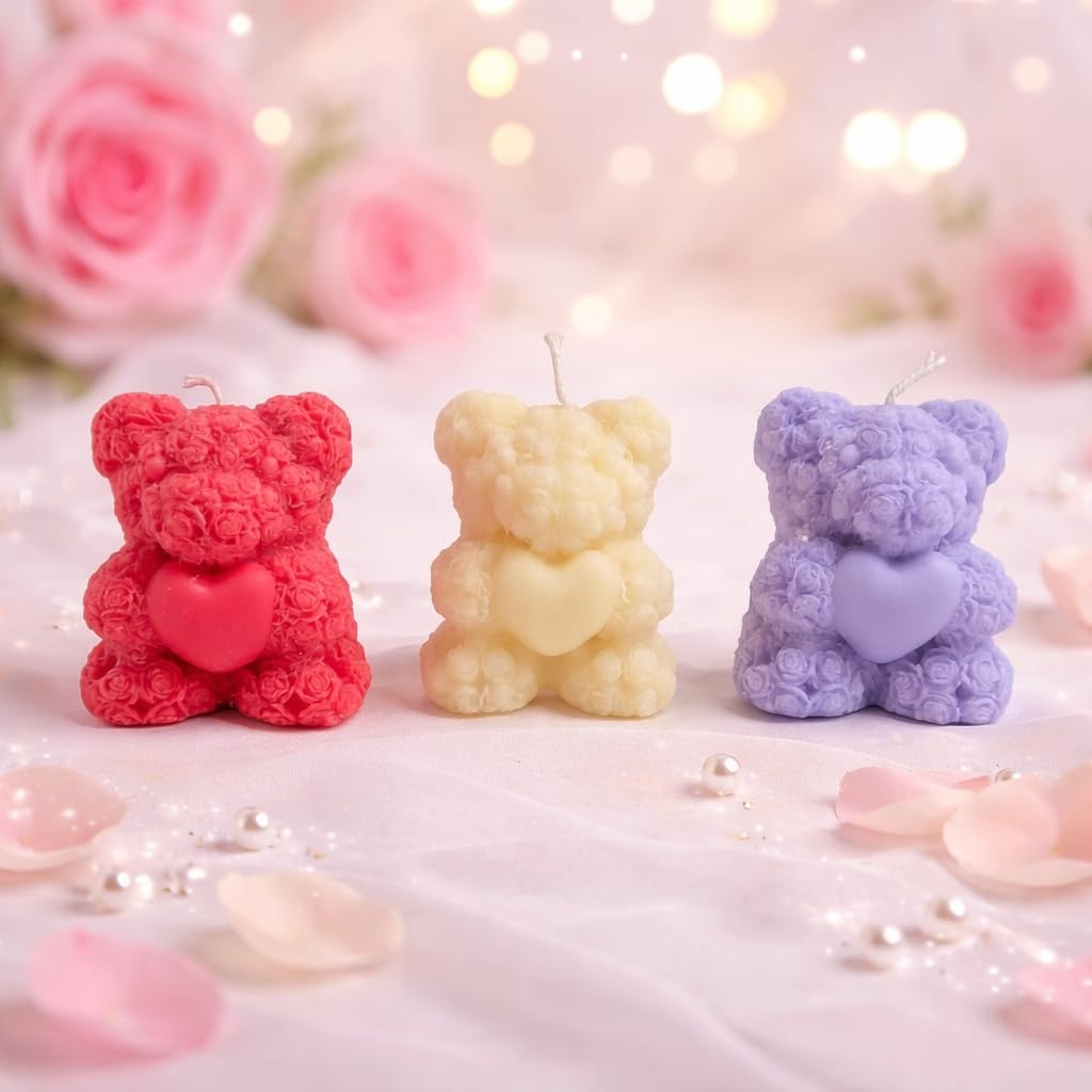 Rose Teddy Bear Silicone Candle Mould — 3D Flower Heart Bear Wax & Soap Cast (7.1cm)