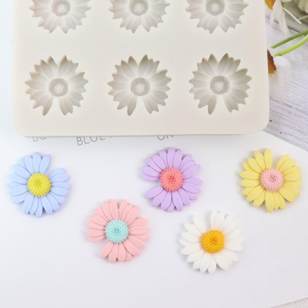 Bloom Creations Daisy Flower Silicone Mold for Cake Decorating, 6-Cavity Fondant Mould for Chocolate, Resin Art, Clay Crafts, Soap Making, DIY Baking Tools, Non-Stick Gerbera Flower Tray