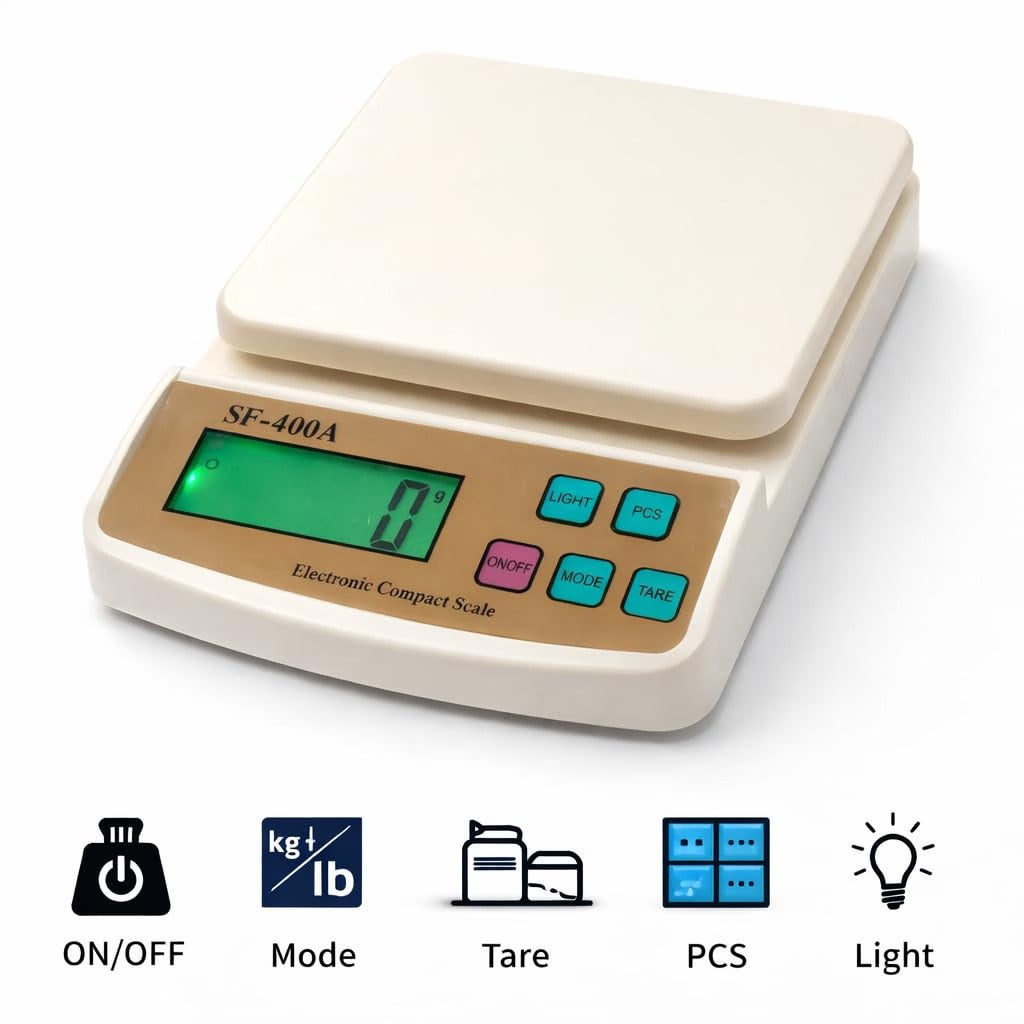 SF-400A Digital Scale – front view showing LCD display and buttons: ON/OFF, Mode, Tare, PCS, Light