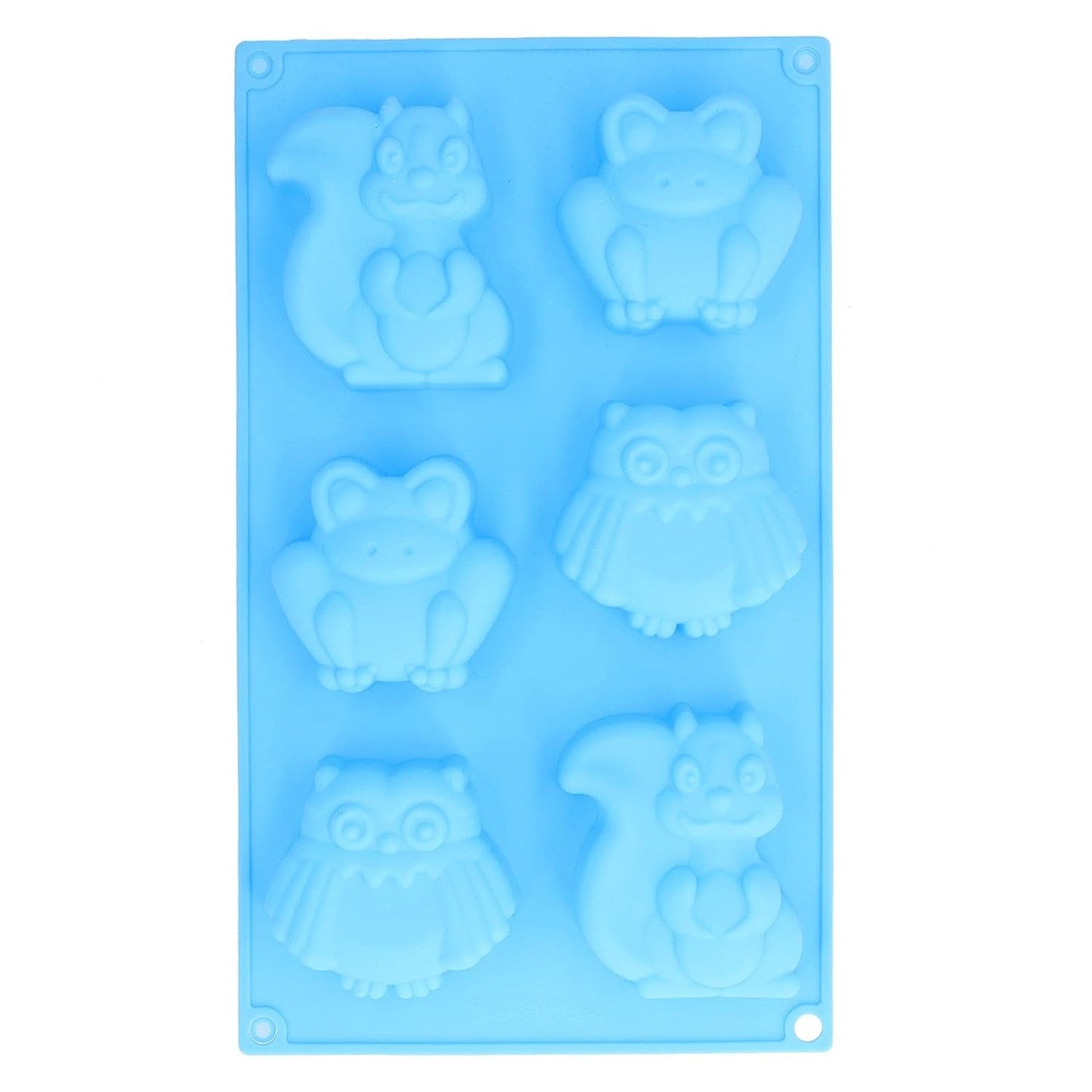 Blue 6-cavity woodland animals silicone mould with finished chocolate squirrel, owl and hedgehog figurines on a plate