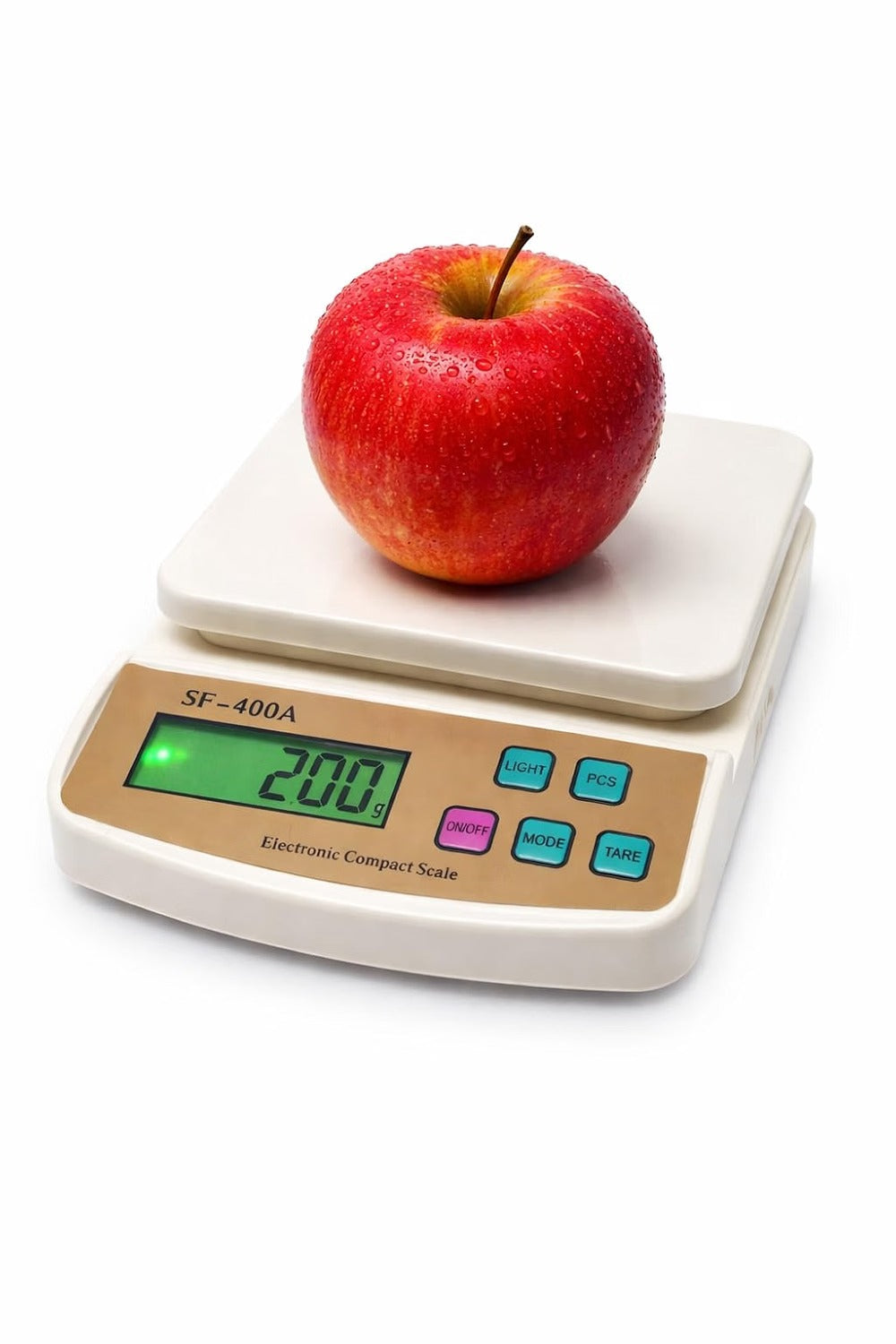 SF-400A Scale in use – weighing a red apple showing 200g on display