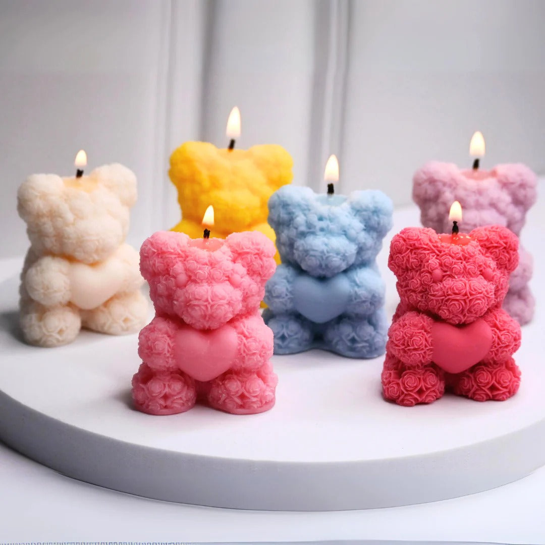 Rose Teddy Bear Silicone Candle Mould — 3D Flower Heart Bear Wax & Soap Cast (7.1cm)