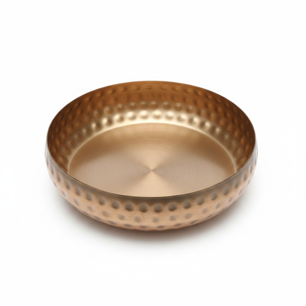 Hammered copper gold round bowl candle vessel, 6 inch, angled view