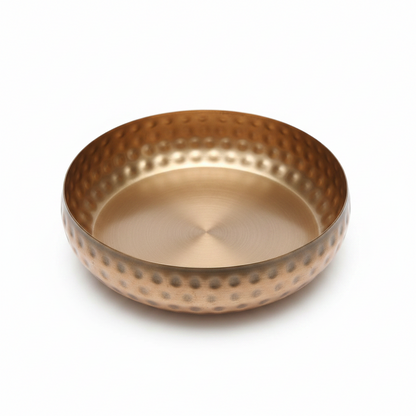 Hammered copper gold round bowl candle vessel, 6 inch, angled view