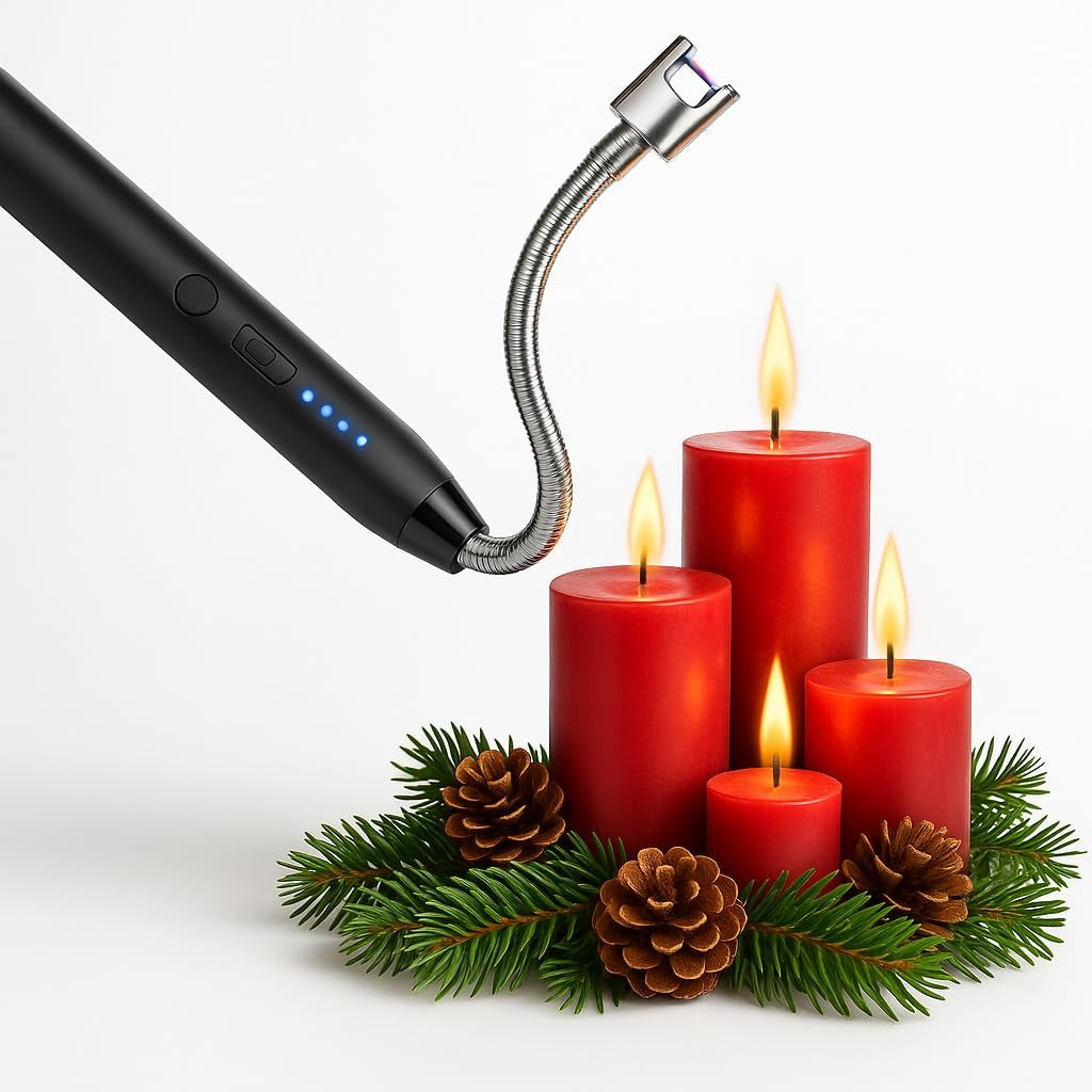 USB arc candle lighter packaging showing silver lighter with 260mm length and 15mm body dimensions