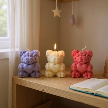 Rose Teddy Bear Silicone Candle Mould — 3D Flower Heart Bear Wax & Soap Cast (7.1cm)