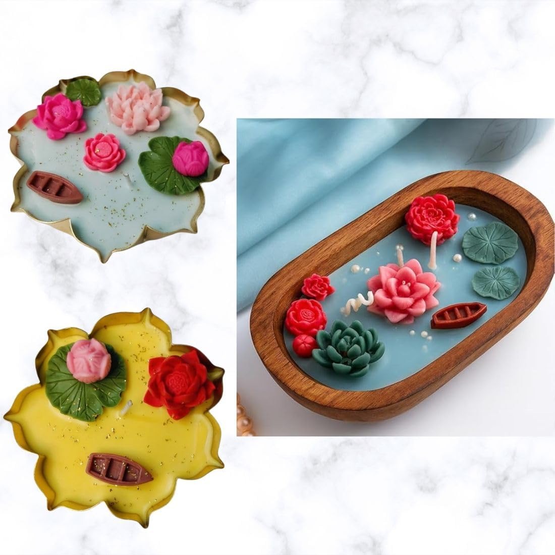 White multi-cavity silicone mould with demoulded lotus flowers, lily pads, boats and fish in vibrant colours
