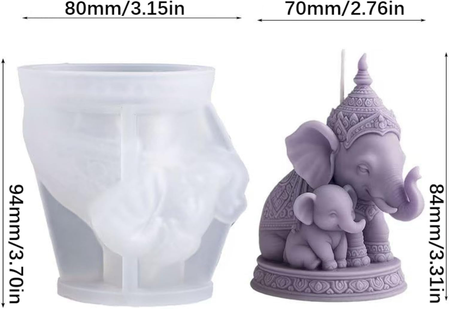 3D Thai elephant and baby silicone candle mould with cream wax cast candle in gold cabinet display