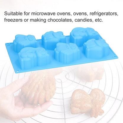 Blue silicone mould showing 6 woodland animal cavities with food grade silicone BPA-free label