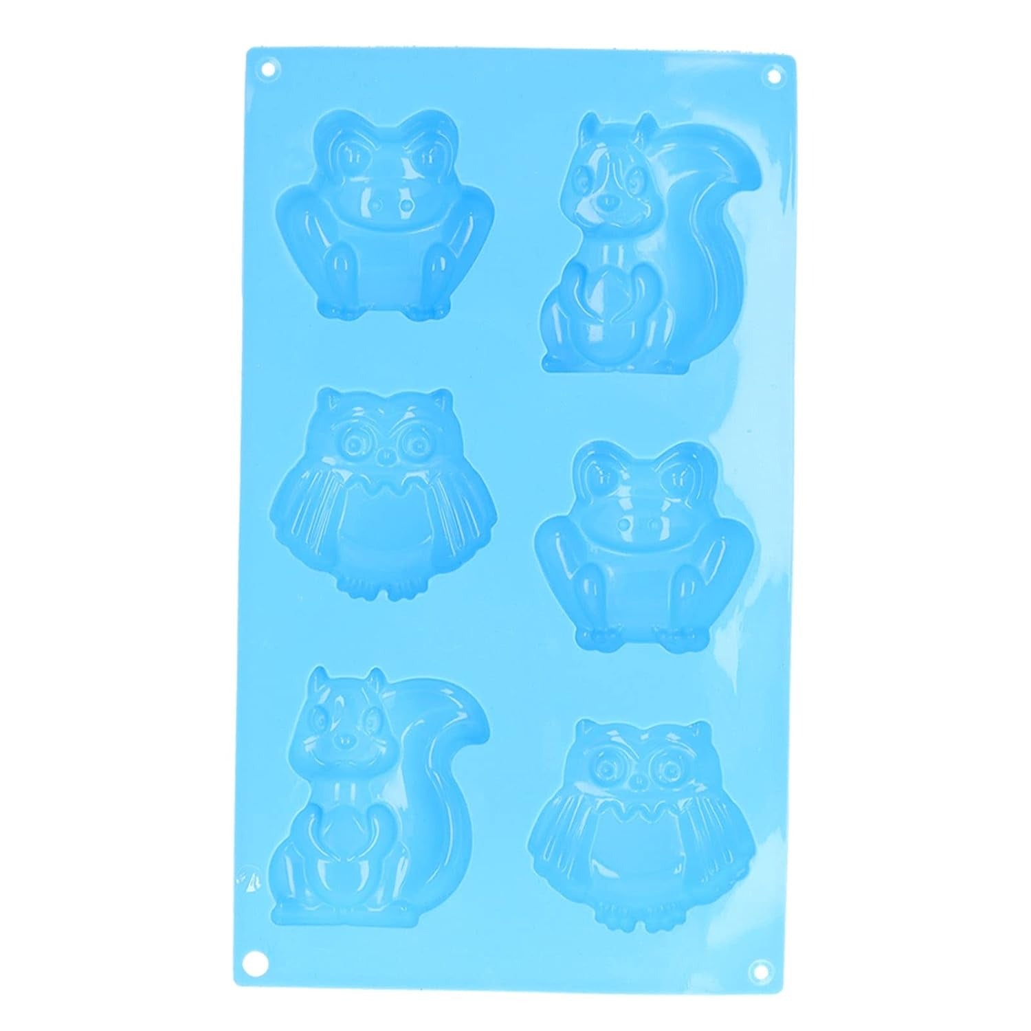 Blue 6-cavity woodland animals silicone mould angled view showing all animal cavities