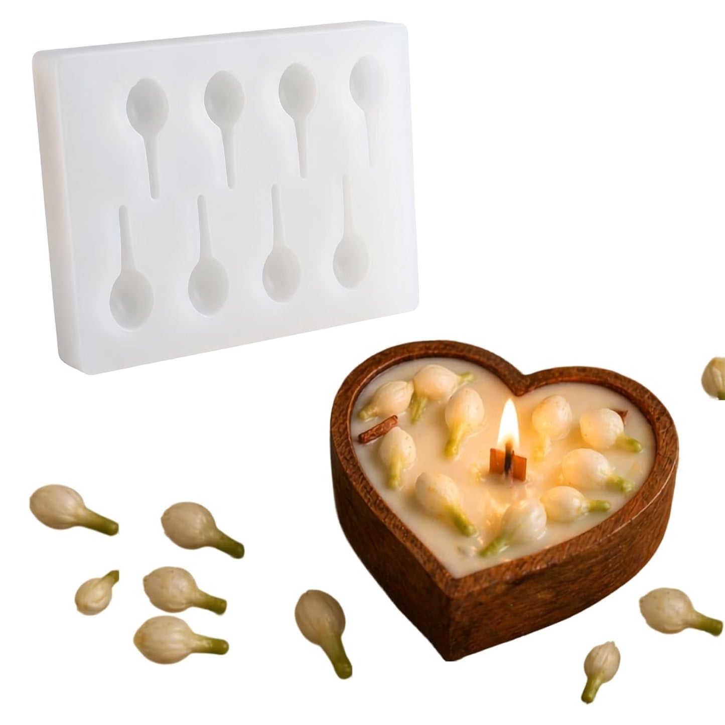 4-cavity flower bud silicone embed mould with wax bud embeds and heart-shaped candle display