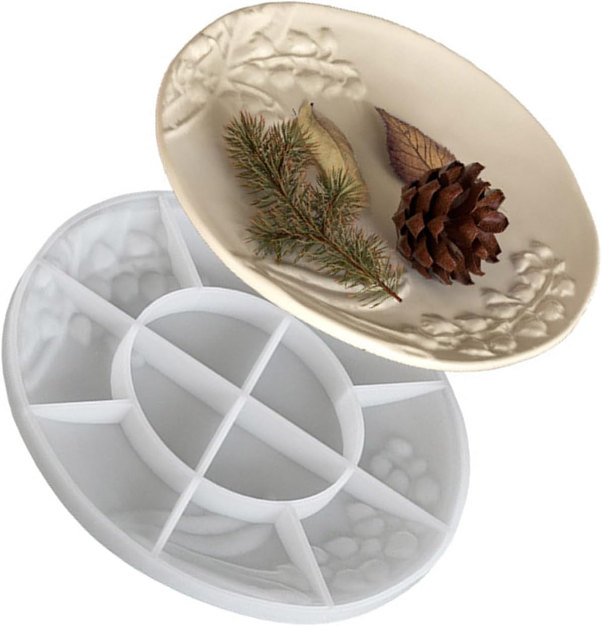 3 silicone moulds beside finished cream vintage floral resin trays showing oval, butterfly and round designs