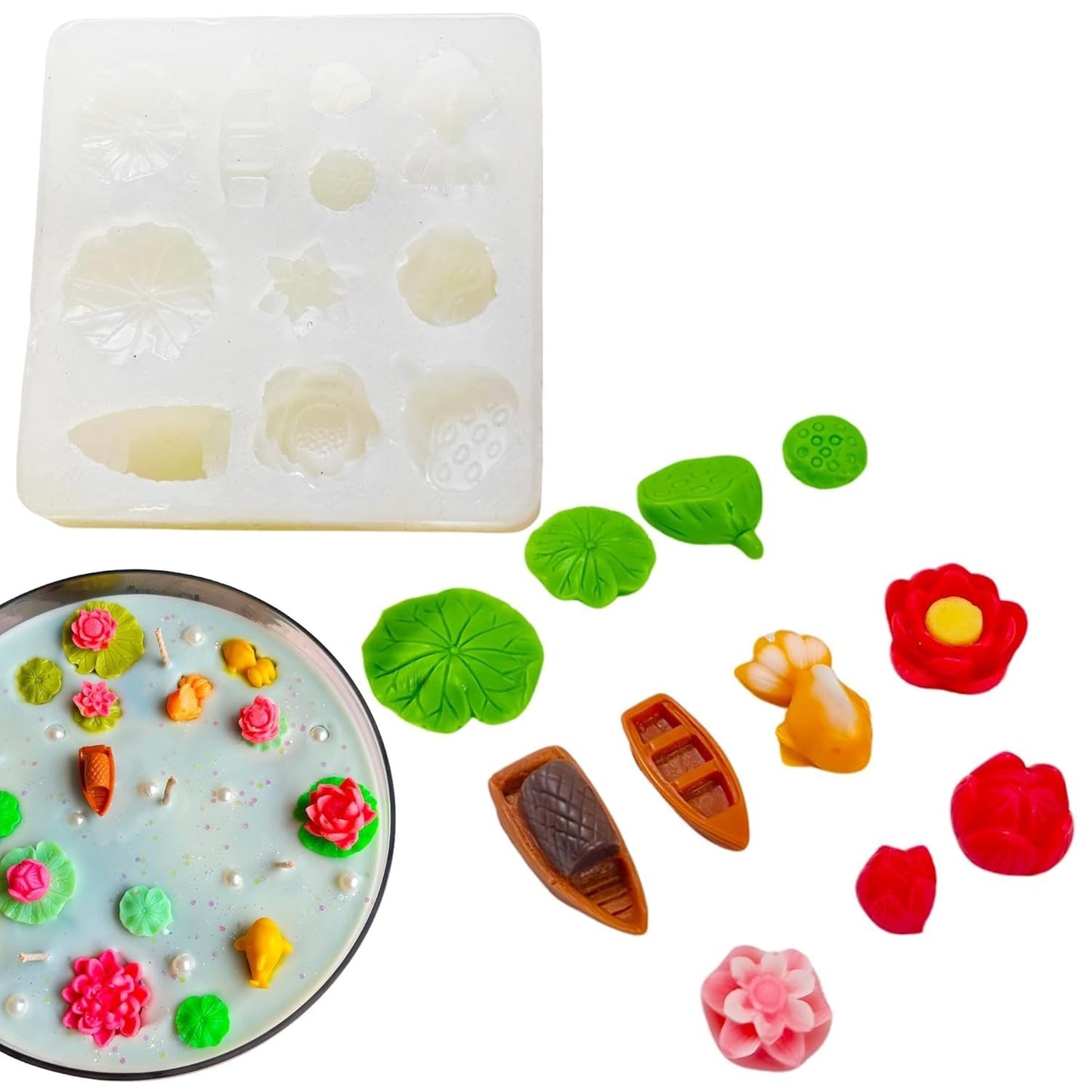 Lotus pond candle mould infographic showing platinum silicone, BPA-free, oven safe, easy to clean, -104°F to +446°F temperature range