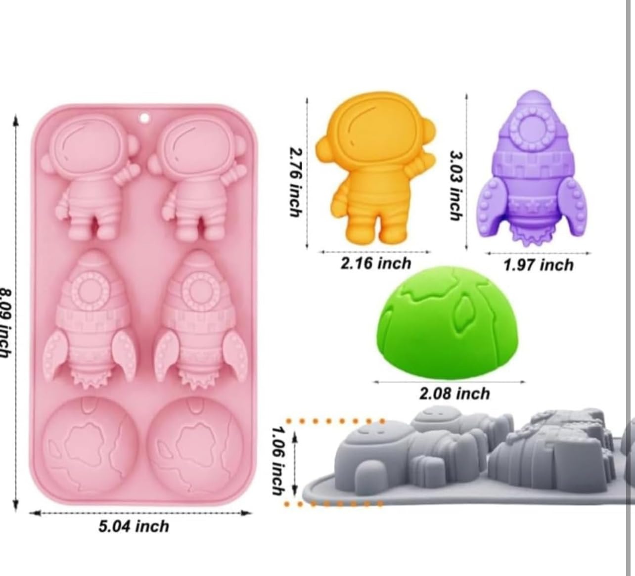 Bloom Creations Silicone Space Theme Mould, 6-Cavity Astronaut Rocket Planet Shapes for Chocolate Candy Soap Making, Food Grade Pink Baking Tray, Microwave Freezer Dishwasher Safe Kitchen Tool