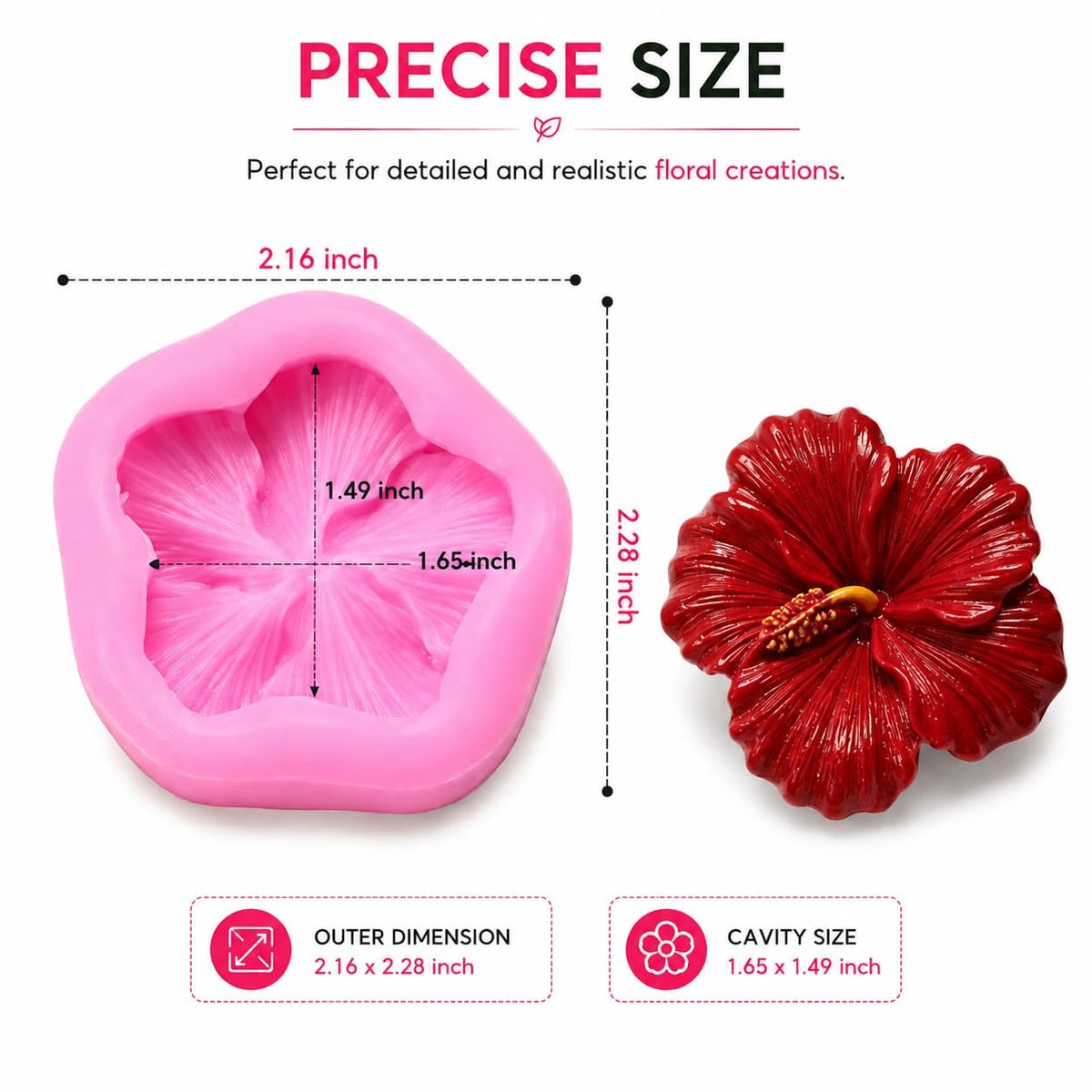 Hibiscus flower candle mold showing outer and cavity dimensions