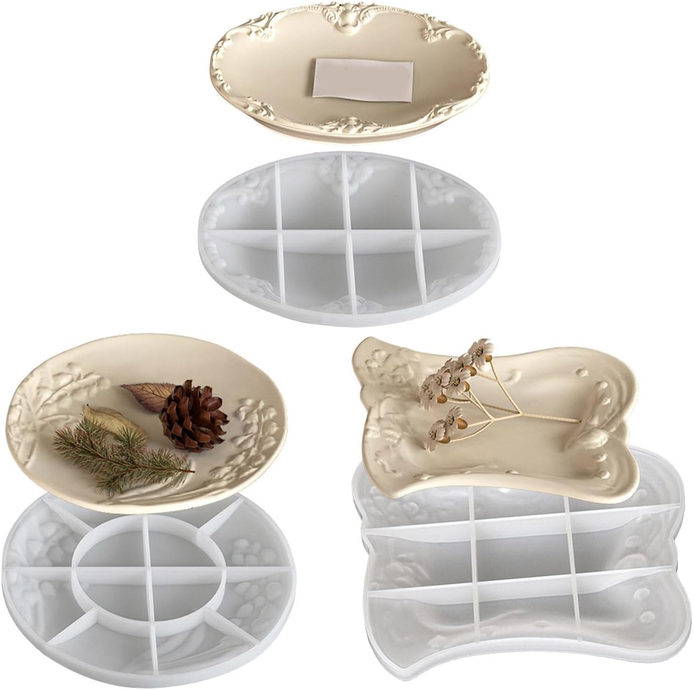 Butterfly silicone mould beside finished cream floral butterfly tray with tealight candle
