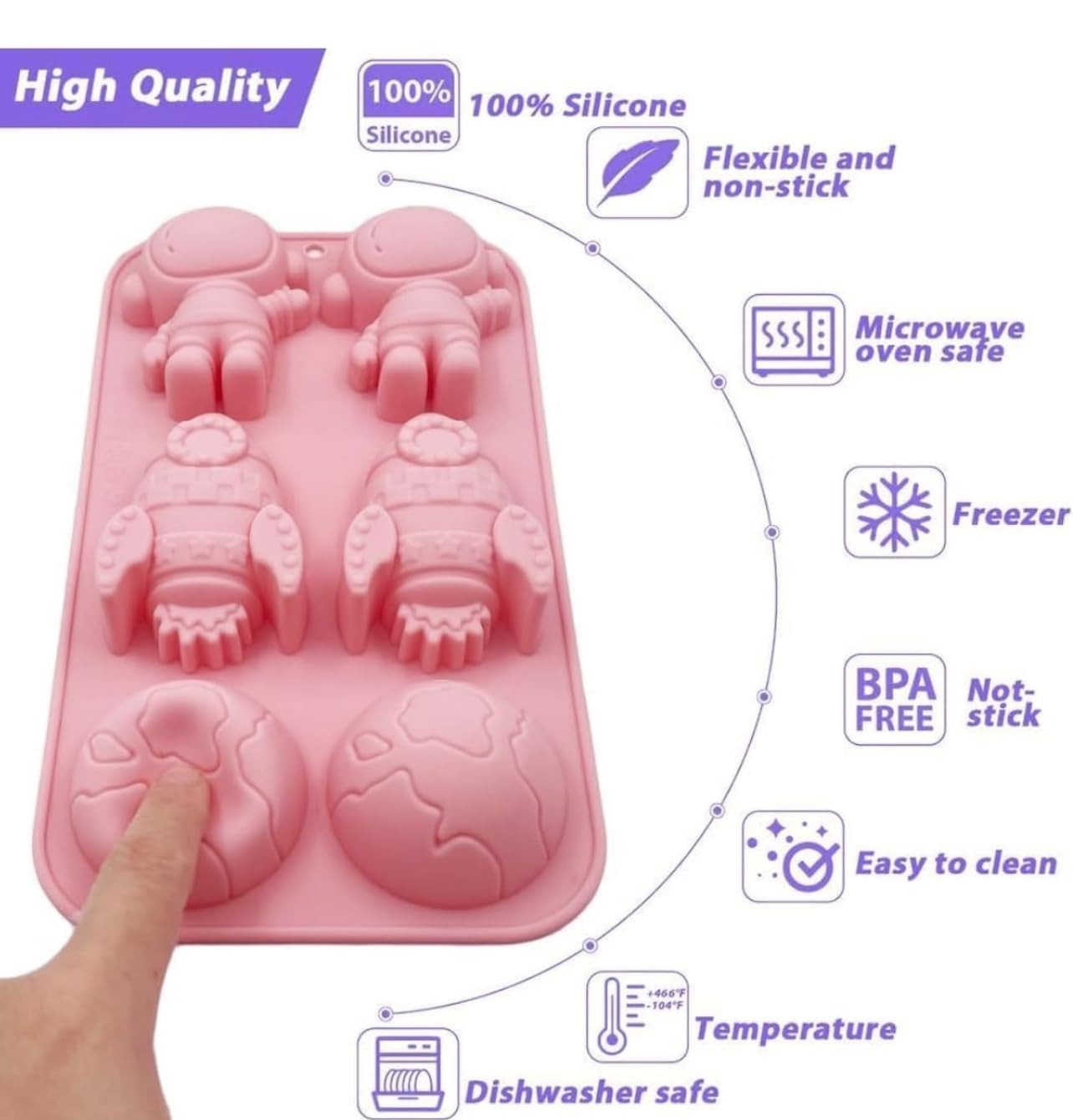 Bloom Creations 6-cavity space theme silicone mould — astronaut, rocket, planet shapes for baking and candles