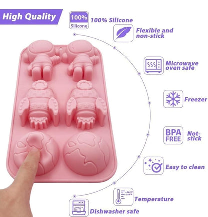 Bloom Creations 6-cavity space theme silicone mould — astronaut, rocket, planet shapes for baking and candles