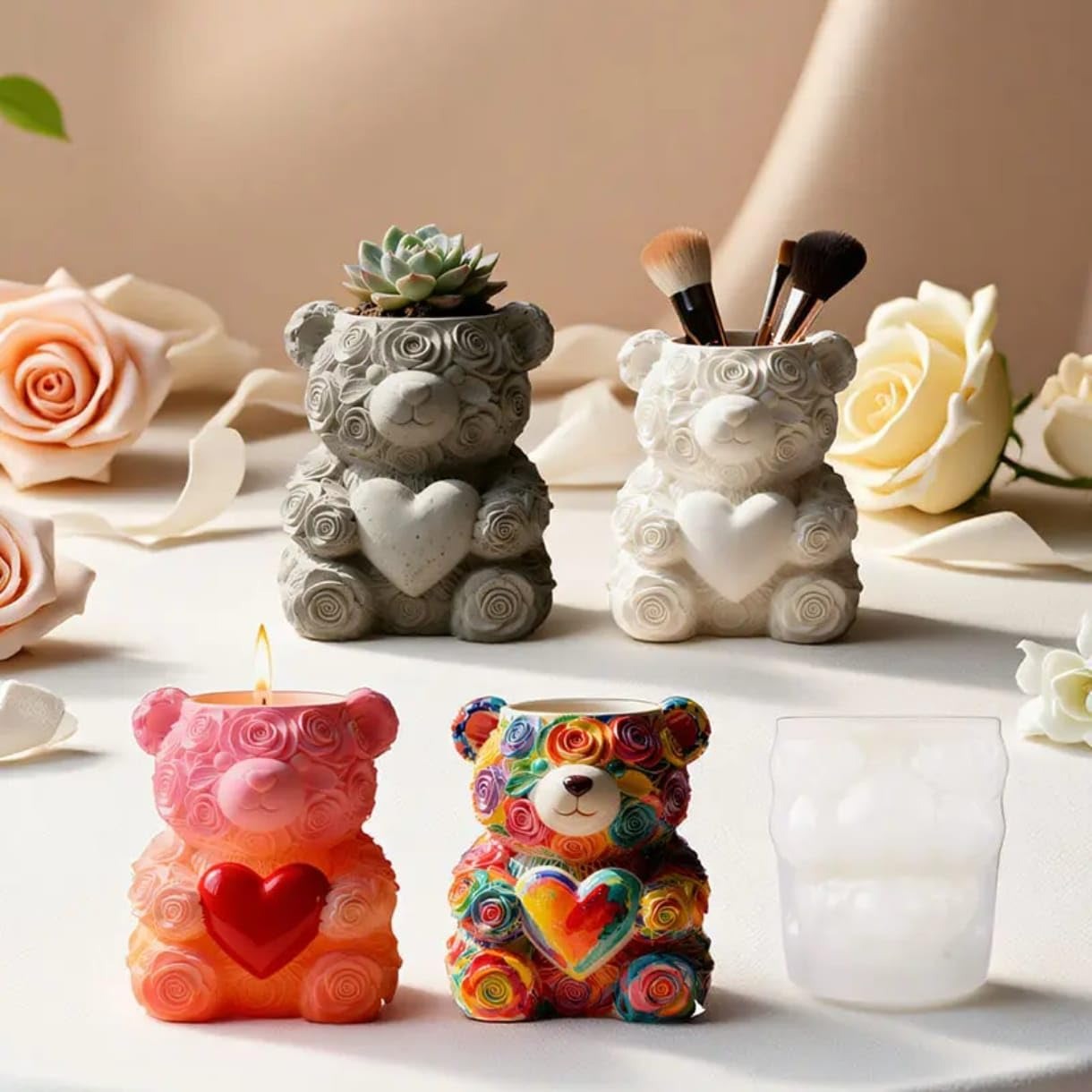 Rose teddy bear silicone mold 8cm — heart flower bear for candles and succulents