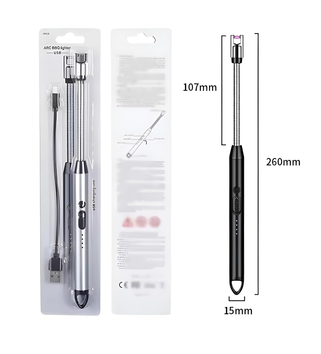 Black USB arc lighter with flexible gooseneck in use and 4 colour options with included USB charging cable