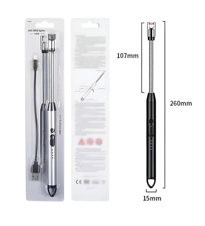 Black USB arc lighter with flexible gooseneck in use and 4 colour options with included USB charging cable