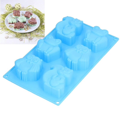 Blue 6-cavity woodland animals silicone mould top view showing squirrel and owl cavities
