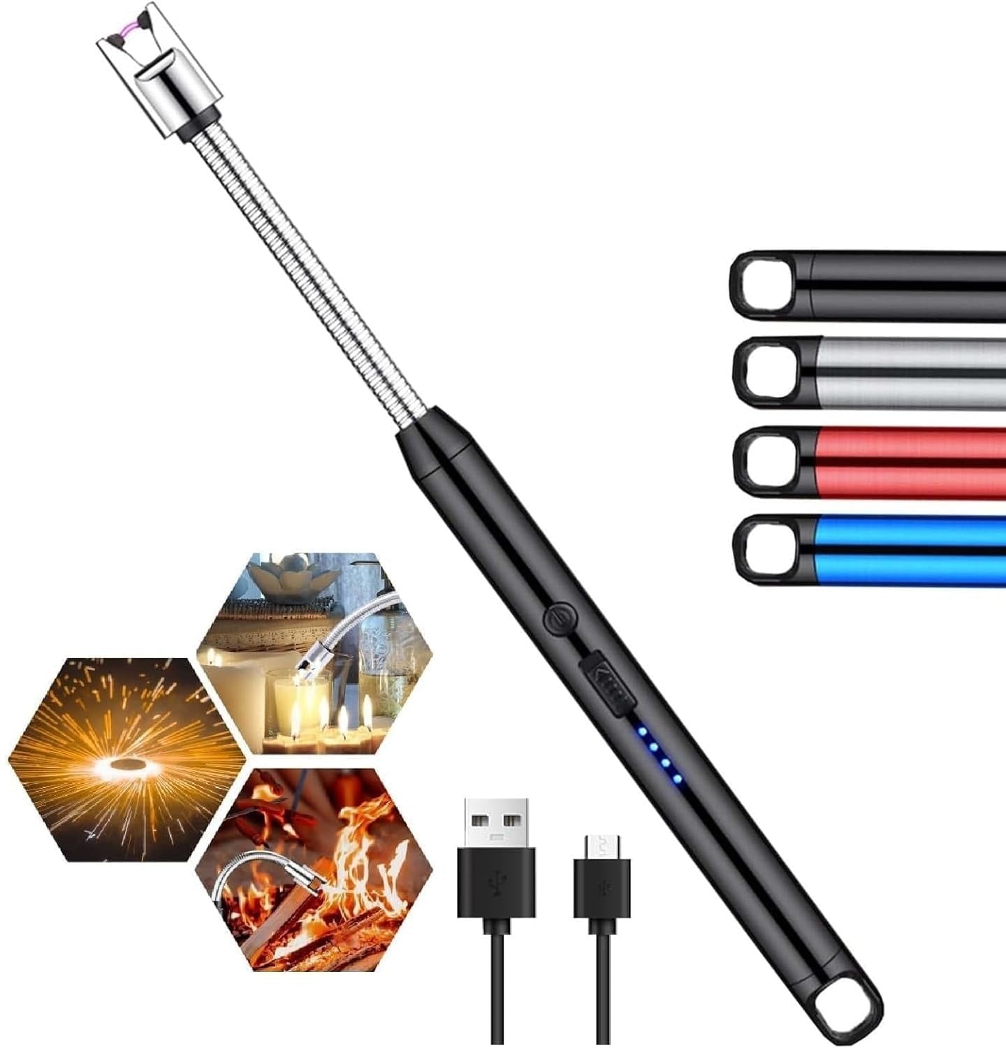 LED battery power display on arc lighter body showing 25%, 50%, 75%, 100% charge indicators