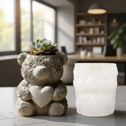 Rose Teddy Bear Silicone Mold | 8cm Heart Flower Bear Wax Planter for Candles Succulents