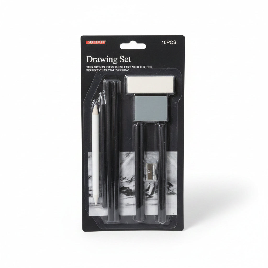 Drawing Set 10PCS — charcoal pencils, blending stumps, eraser and sandpaper block
