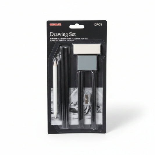 Drawing Set 10PCS — charcoal pencils, blending stumps, eraser and sandpaper block