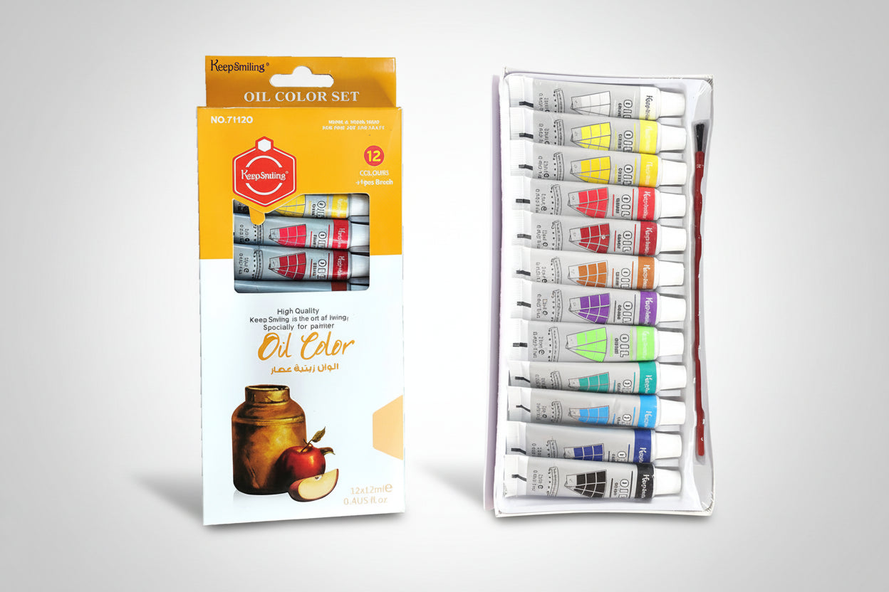 KeepSmiling Oil Color Set 12 Colours + 1 Brush 12x12ml — box and tubes laid out