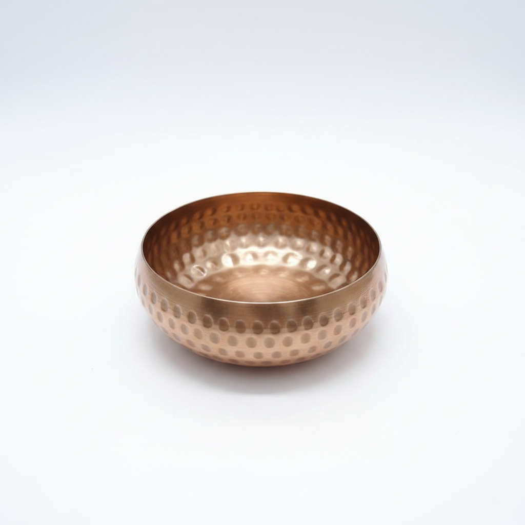 Hammered copper gold round bowl candle vessel, 7 inch, top view