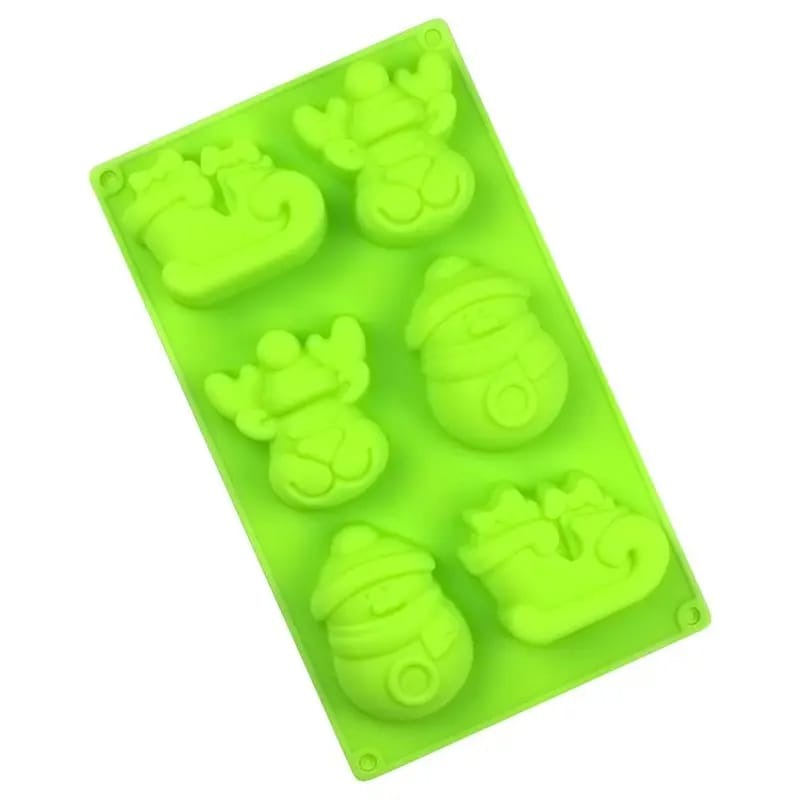 6-cavity Christmas snowman reindeer sleigh silicone mold — close-up detail