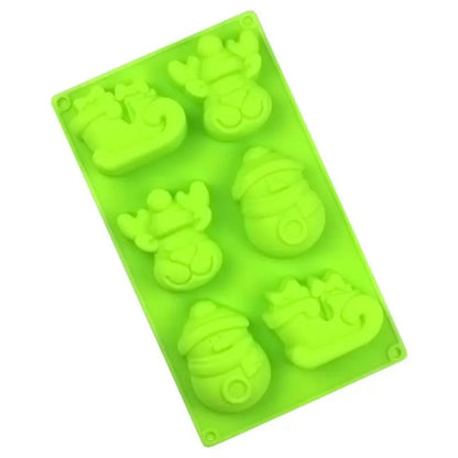6-cavity Christmas snowman reindeer sleigh silicone mold — close-up detail