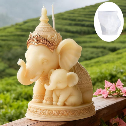 Thai elephant and baby candle mould product beside stone temple with moss background