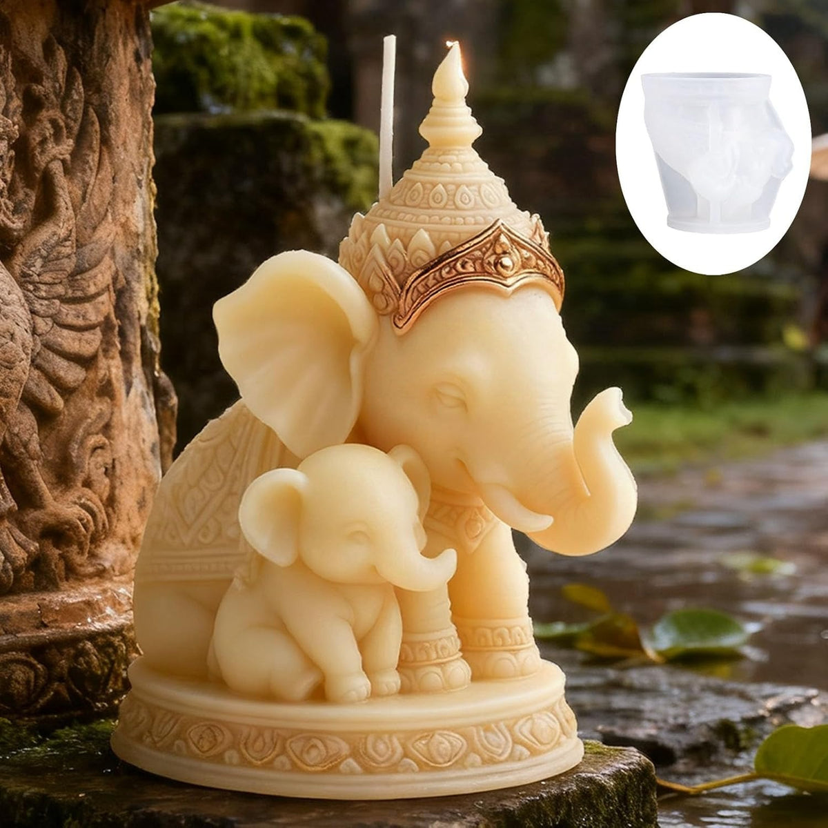 Thai elephant candle with baby beside tea garden landscape with pink flowers