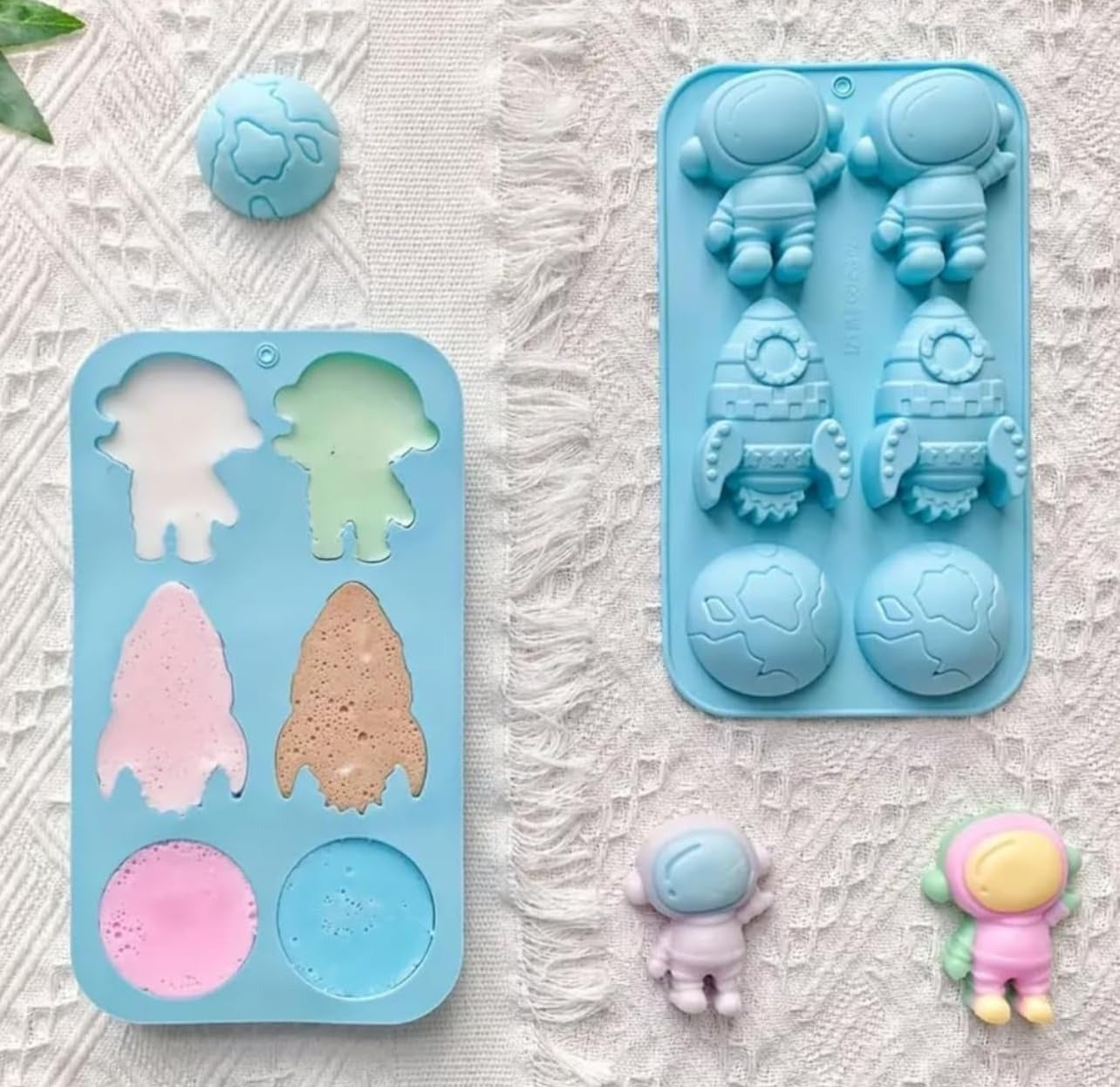 Bloom Creations Silicone Space Theme Mould, 6-Cavity Astronaut Rocket Planet Shapes for Chocolate Candy Soap Making, Food Grade Pink Baking Tray, Microwave Freezer Dishwasher Safe Kitchen Tool