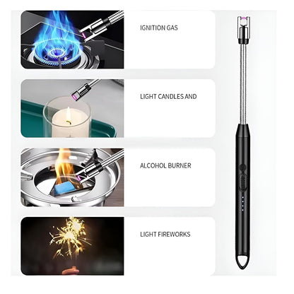 Black USB rechargeable arc candle lighter with flexible gooseneck on white background