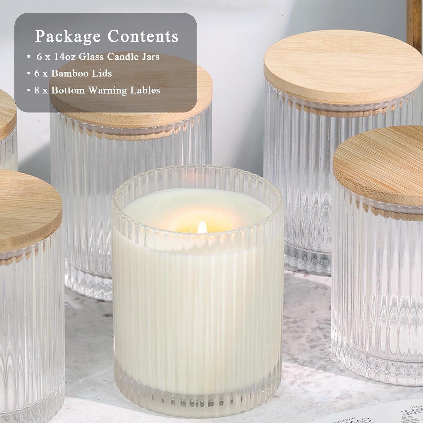 Package contents infographic: 6 x 14oz ribbed glass candle jars, 6 x bamboo lids, 8 x warning labels