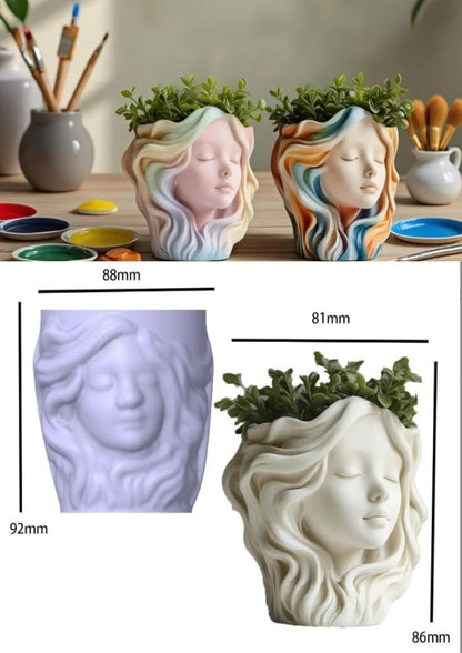 Woman Face Silicone Mold | 9cm Flowing Hair Candle Wax Planter Brush Organizer