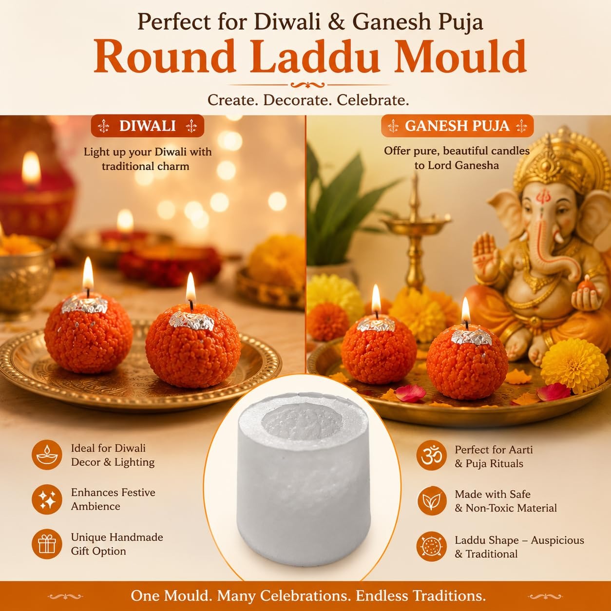 Laddu shaped candles made using the Round Laddu Mould with gold foil accents