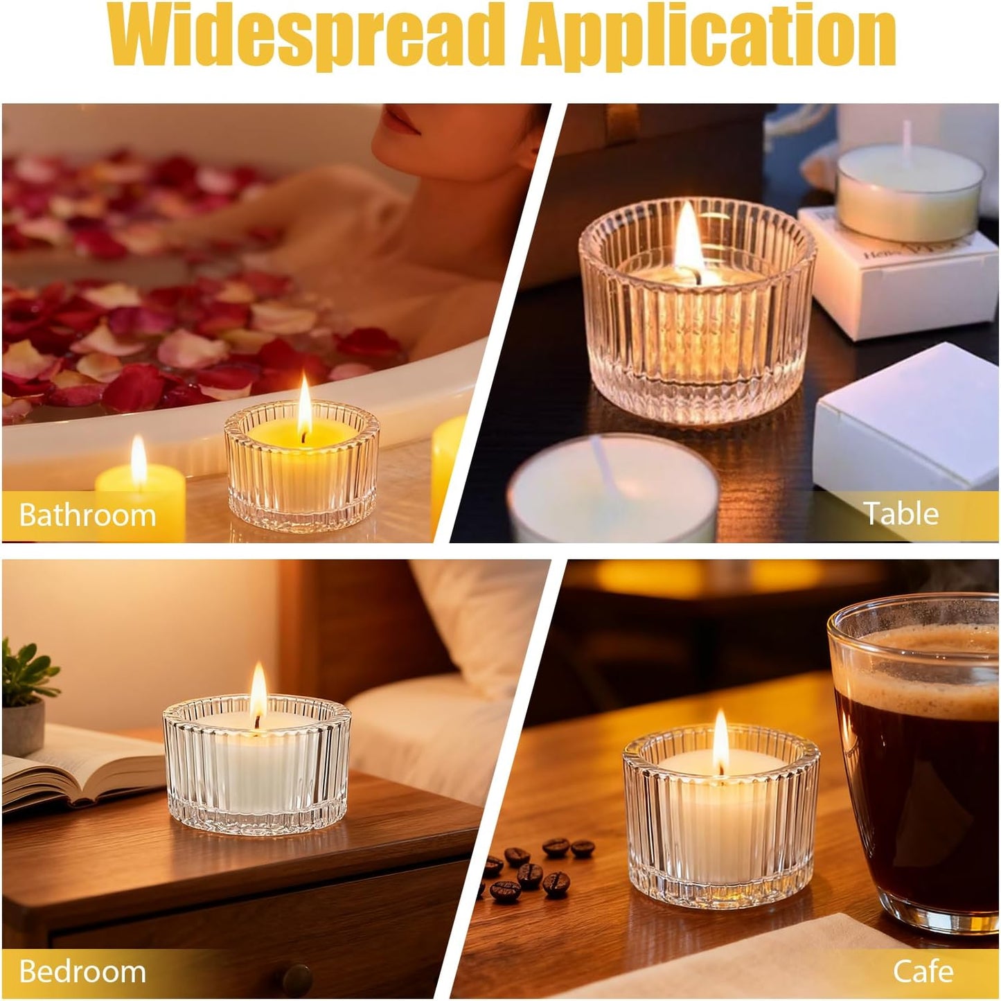Four ribbed glass tealight holders grouped on rattan tray