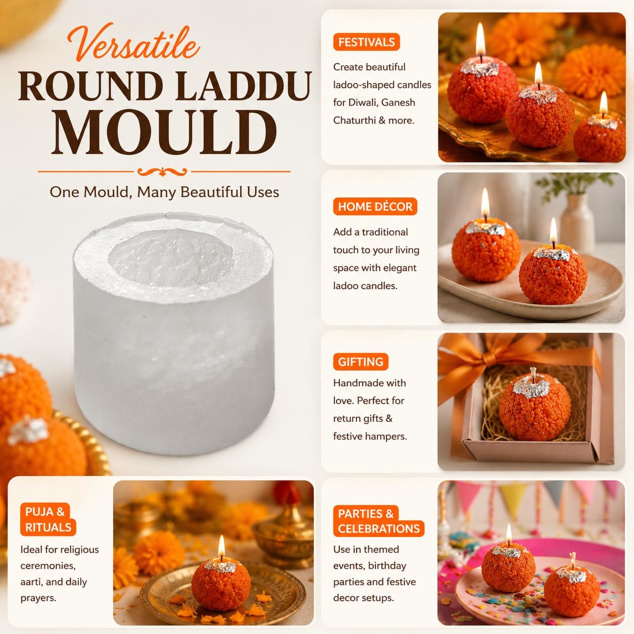 Silicone laddu mould with finished orange laddu candles