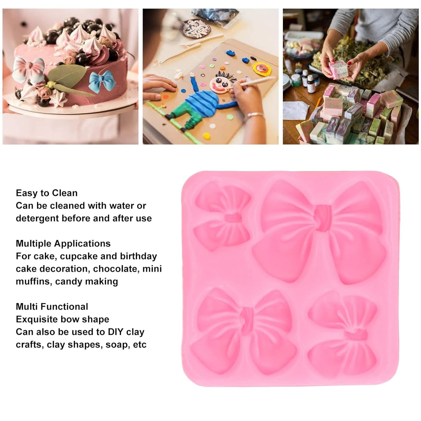 Bloom Creations Bow Fondant Silicone Mold for Cake Decorating, Chocolate, Candy Making, Gum Paste, Sugar Craft, Polymer Clay Art & DIY Craft Projects, Reusable Baking Tool, Non-Stick Pink