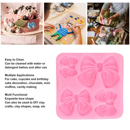 Bloom Creations Bow Fondant Silicone Mold for Cake Decorating, Chocolate, Candy Making, Gum Paste, Sugar Craft, Polymer Clay Art & DIY Craft Projects, Reusable Baking Tool, Non-Stick Pink