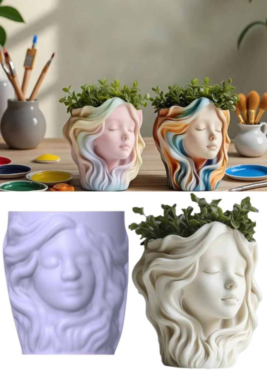 Woman Face Silicone Mold | 9cm Flowing Hair Candle Wax Planter Brush Organizer