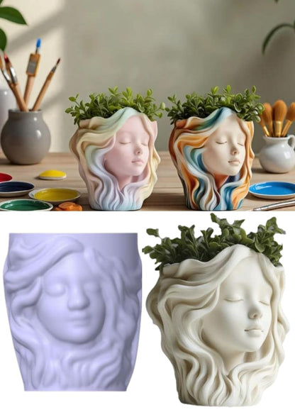 Woman Face Silicone Mold | 9cm Flowing Hair Candle Wax Planter Brush Organizer