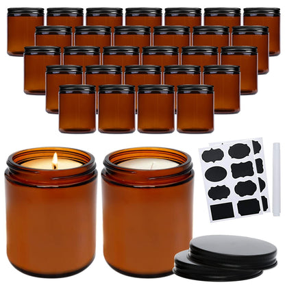 8oz Amber Candle Jars Set of 30,Round Glass Jars with Black Lids,Empty 250ml Glass Candle Making Jar Bulk Thick Small Food Storage Jar for Spice,Candy,Powder